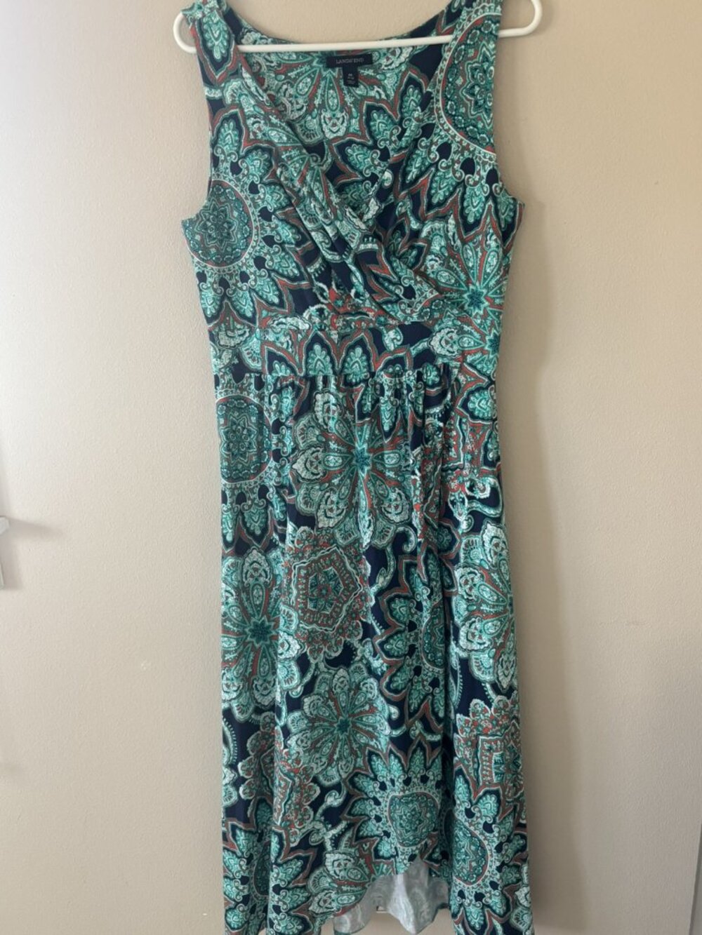 LL Bean Aqua Orange Navy Paisley Maxi Dress Split Skirt in Front Size M Boho